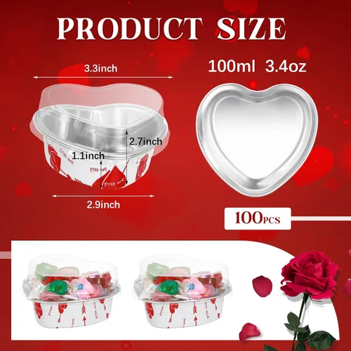 Vista 2 de Ziliny Juego de 100 moldes para pasteles en forma de corazón con tapas, mini moldes de papel de aluminio para tartas de San Valentín, 3.4 fl oz/3.4