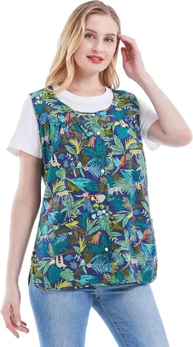 Vista 3 de Nanxson Delantal de zapatilla para mujer con 2 bolsillos de parche, babero impreso de algodón, bata con botones para cocina, chef de trabajo, CF3177