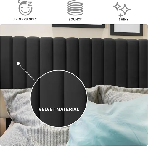 Vista 4 de Base de cama de plataforma de terciopelo de tamaño matrimonial con cabecera tapizada, listones de madera resistentes, no requiere resortes, fácil