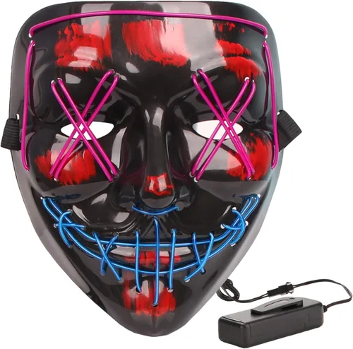Vista 2 de Disfraz de Halloween, máscara de terror LED iluminada para fiesta, Púrpura + Azul, talla única