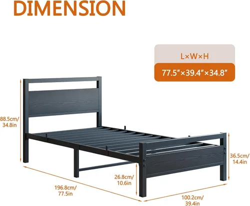 Vista 2 de BOFENG Marco de Cama Individual con Cabecera de Madera, Marco de Cama de Plataforma Individual de Metal Tamaño Individual Sin Somier Necesario Negro