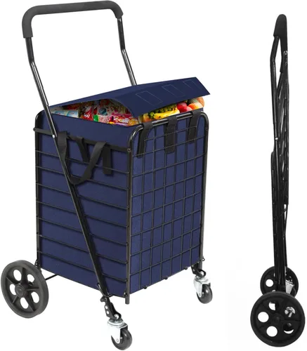 Vista 9 de Carrito de compras plegable con ruedas giratorias de 360°, carrito plegable de 66 libras de capacidad y mango de espuma extendido, para lavandería