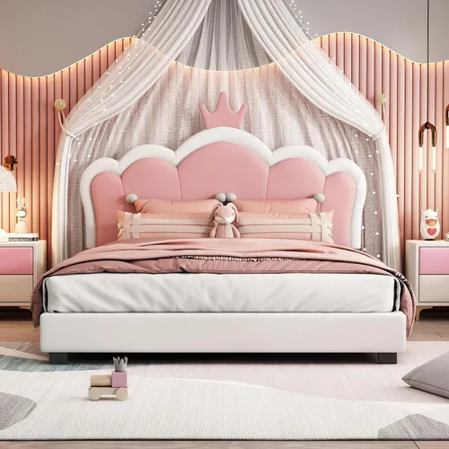 Vista 10 de Cama de princesa tapizada tamaño individual con cabecera coronada, marco de cama de princesa para niñas, marco de cama rosa para niña (individual)