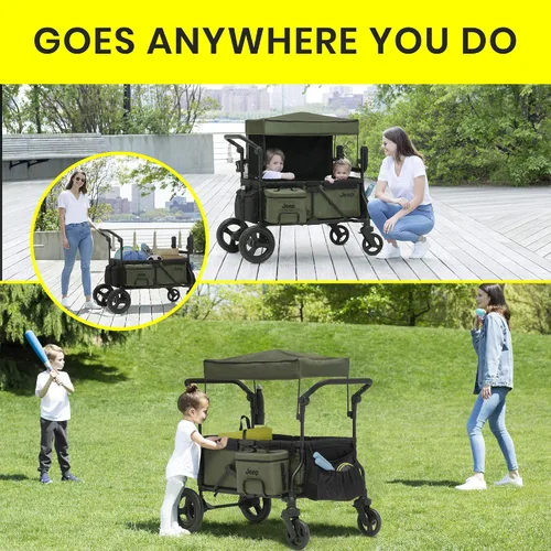 Vista 3 de Jeep Deluxe Wrangler Cochecito Wagon con bolsa enfriadora y organizador para padres por Delta Children, negro/verde