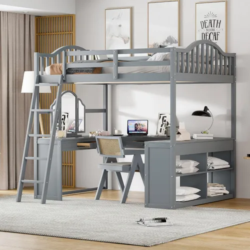 Vista 18 de Cama loft de madera tamaño matrimonial con escritorio en forma de U y espejo de tres pliegues, base de cama tipo loft multifunción con Espresso-10.16