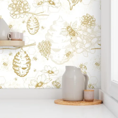 Vista 8 de Muestra de papel tapiz extraíble – Colmena de abeja Toile flores amarillas grandes mostaza oro abeja miel papel pintado personalizado pre-pegado por