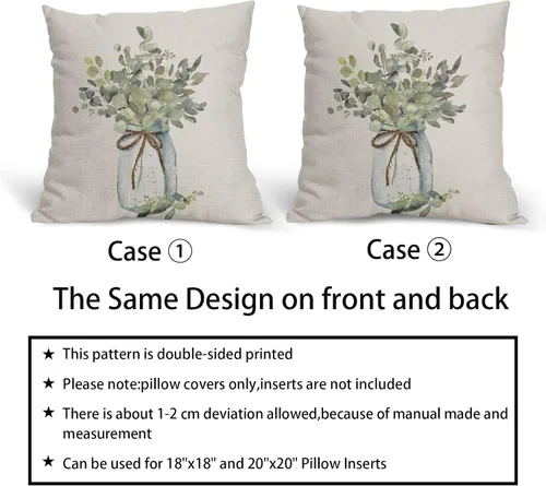 Vista 5 de Juego de 2 fundas de almohada de hojas de eucalipto verdes de 18 x 18 pulgadas, para primavera y verano, para sofá, estilo granja, acuarela