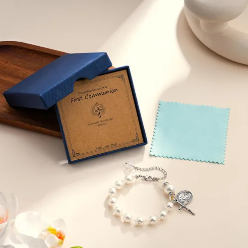 Vista 4 de C-leen Regalos de primera comunión para niñas, pulsera de cruz para la primera comunión, regalos religiosos para adolescentes, regalos