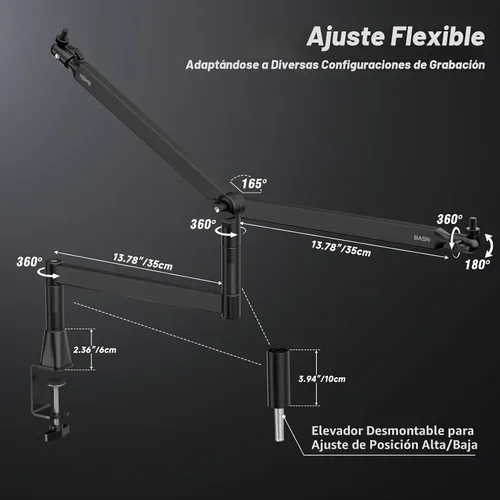 Vista 4 de BASN - Soporte de brazo de micrófono de perfil bajo con abrazadera de escritorio, diseño giratorio y almacenable, canal de gestión de cables