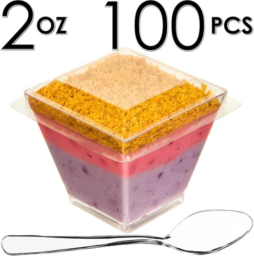 Vista 9 de DLux 100 x 2oz Tazas Cuadradas Mini de Postre con Cucharas y Tapas, Taza de Plástico Transparente para Aperitivos Parfait - Pequeño Cuenco