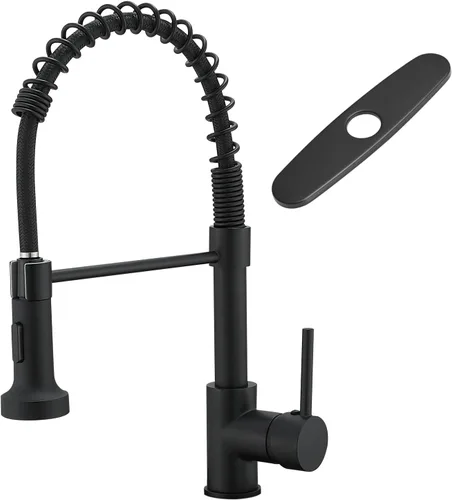 Vista 13 de AIMADI Grifo de cocina negro mate, grifo de cocina negro y dorado con rociador desplegable, grifos de fregadero comerciales de resorte con una sola