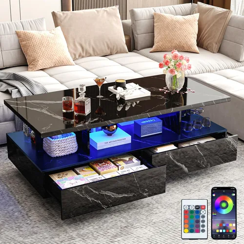 Vista 10 de Mesa de centro LED grande de 43 pulgadas con 2 cajones de almacenamiento grandes, luces de 60.000 colores, control de aplicación, mesa auxiliar