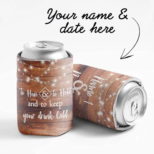 Vista 4 de Enfriadores de latas de boda personalizados "para tener y sostener y mantener tu bebida fría" nombres personalizados de novia y novio + fecha