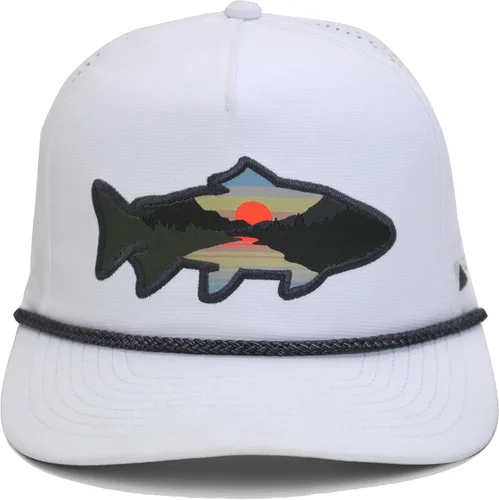 Vista 45 de Paramount Outdoors Sombrero de pesca de trucha al atardecer, diseño de silueta de pez de montaña, sombrero para exteriores con cómodo Snapback