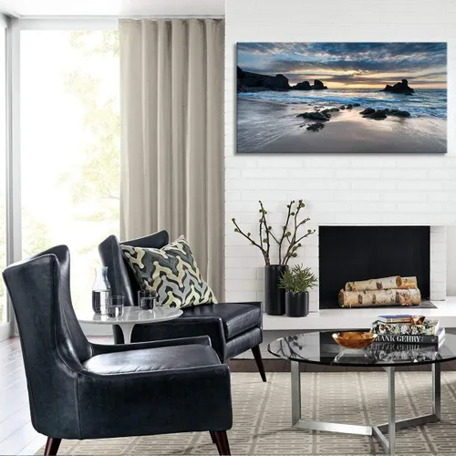 Vista 2 de Decoración de pared para sala de estar, lienzo impreso en lienzo con diseño de amanecer por la mañana en la playa, cuadro de paisaje azul