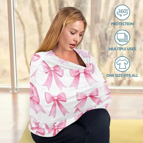 Vista 4 de Pink Bows - Funda elástica para asiento de automóvil para bebé, suave, transpirable, funda de lactancia materna, funda multiusos para asiento