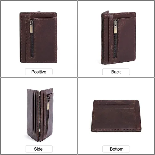 Vista 9 de Hombres RFID bloqueo delgado minimalista magia cartera tarjeta caso con bolsillo moneda genuino caballo cuero titular de la tarjeta Café-k104