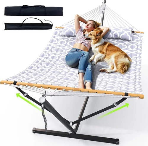 Vista 9 de ANAGOO Hamaca doble con soporte, hamaca de exterior resistente para dos, capacidad de 500 libras, marco de acero estable con correa de equilibrio