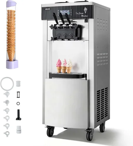 Vista 10 de VEVOR Máquina de helados comercial, rendimiento de 20-28 L/H, 2200 W 3 sabores para encimera de helado suave con 2 tolvas de 6 L y agitación