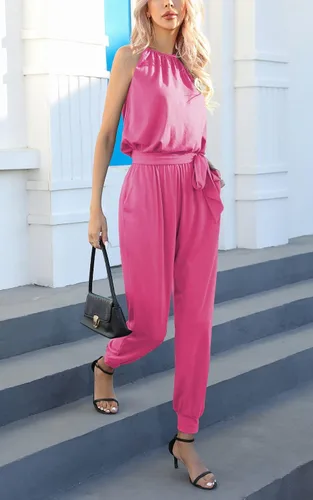 Vista 5 de Byinns Mono de una pieza con cuello halter para mujer, sin mangas, cintura alta, con cinturón, largo, casual, para verano