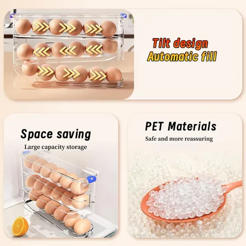 Vista 3 de Recipiente para huevos para refrigerador transparente apilable para almacenamiento y organización de cocina (marrón oscuro, 3 niveles)