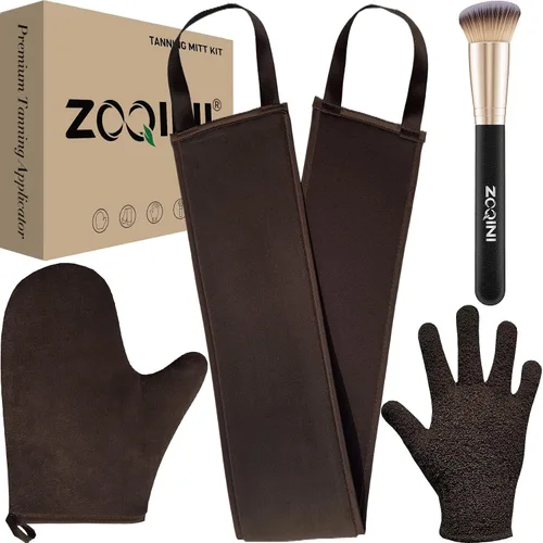 Vista 8 de Kit de manoplas autobronceadoras, suaves y aterciopeladas, aplicador de bronceado trasero, guante exfoliante, cepillo bronceador facial en ángulo