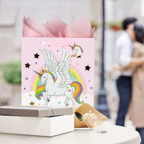 Vista 6 de Laidans Bolsa de regalo de unicornios grandes de 13 pulgadas para niñas y niños, baby shower con papel de seda, paquete de 1