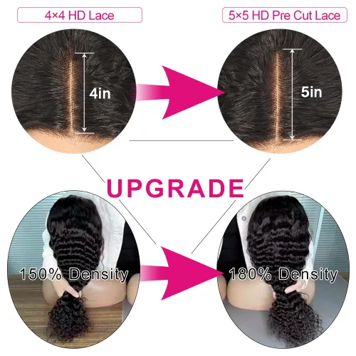 Vista 3 de Yuzhou Grace Pelucas de Cierre con Encaje HD de 5 x 5 sin Pegamento de Cabello Humano Pre Desplumadas Pre Cortadas con Banda Elástica Peluca Rizada