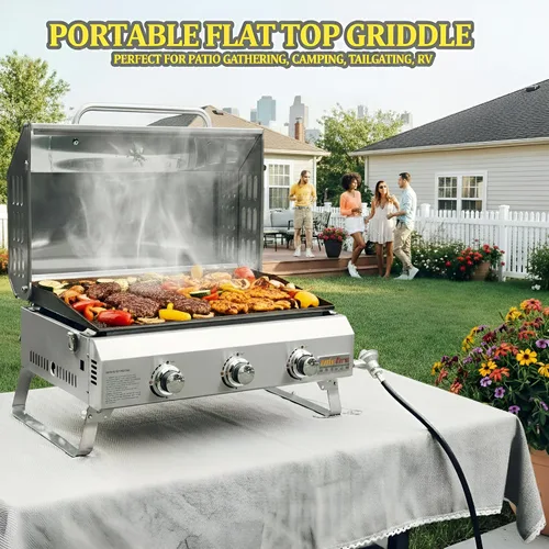 Vista 3 de ONLYFIRE GRILLS - Parrilla de mesa de gas con patas plegables, parrilla de gas propano portátil de 3 quemadores con tapa plana para cocinar al aire