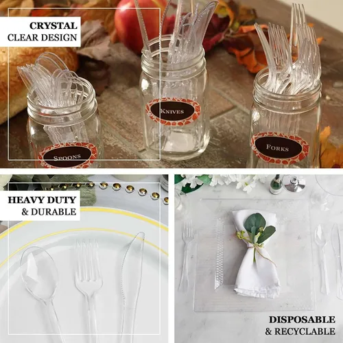 Vista 4 de Efavormart - Juego de 24 cubiertos de plástico transparente negro resistente con mango de punta acampanada, cuchara de tenedor desechable