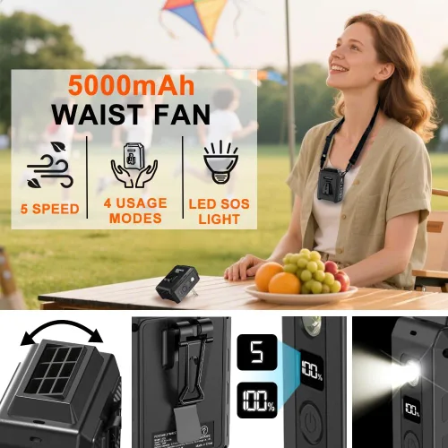 Vista 6 de CAZOKASI Ventilador personal con clip para la cintura, recargable, portátil, manos libres, para viajar, trabajar, al aire libre, oficina
