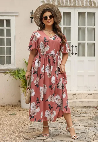 Vista 6 de Nemidor NEM420 - Vestido largo acampanado para mujer, talla grande, estampado floral, estilo bohemio, con bolsillo