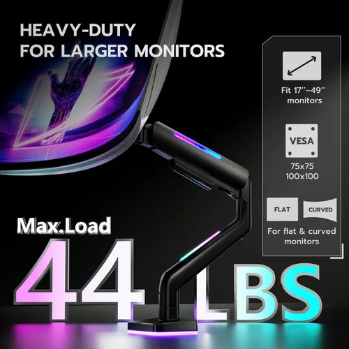 Vista 5 de Brazo de monitor ultraancho para pantalla de 17 a 49 pulgadas de alta resistencia de hasta 44 libras, brazo de monitor único con resorte de gas