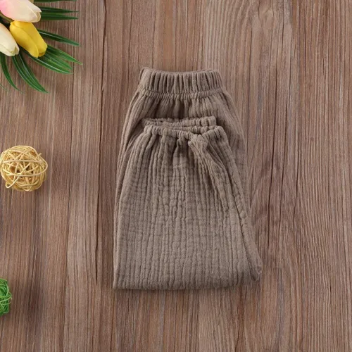 Vista 10 de Paquete de 3 pantalones de algodón y lino para bebés, niños y niñas, color liso, ropa básica para bebés