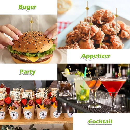 Vista 4 de EuTengHao 300 palillos de cóctel de bambú de 4.7 pulgadas para aperitivos, postres, bebidas, embutidos, fiesta de cumpleaños, boda, fiesta, palillos