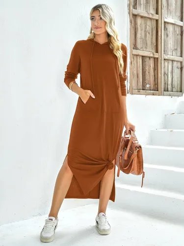 Vista 6 de GIKING Vestido largo con capucha para mujer, manga larga, con capucha, con bolsillos, moda de otoño 2023