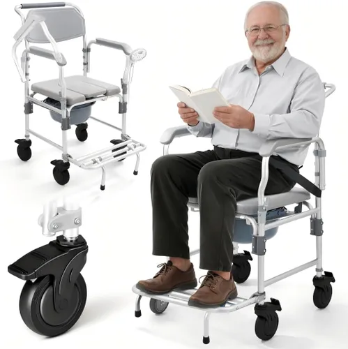 Vista 9 de Silla de ruedas con brazos caídos y ruedas bloqueables, silla de ducha de aluminio impermeable, capacidad de 330 libras, inodoros portátiles