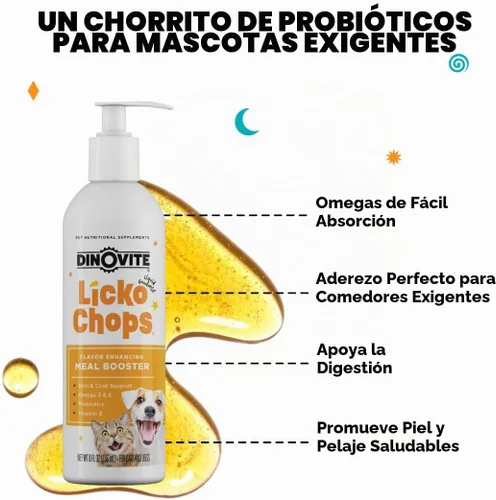 Vista 5 de Dinovite Lickochops - Suplemento para perros y gatos mejorado con omega-6, 3 ácidos grasos, probióticos y vitamina E, 16 onzas con bomba