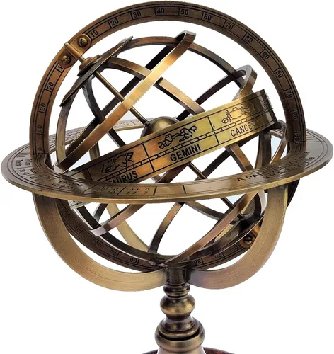 Vista 2 de Globo de esfera armilar de latón antiguo de 11 pulgadas, astrolabio del zodiaco, grabado con base de madera