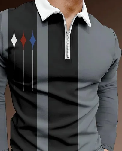 Vista 3 de Polo de manga larga para hombre, estampado con cremallera, casual, ajustada, camisas de golf