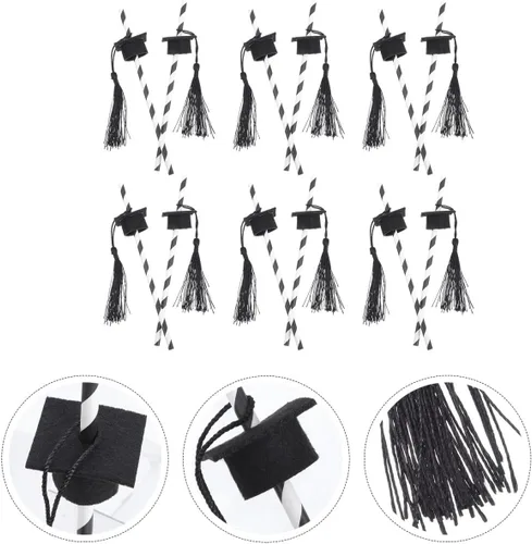 Vista 9 de PRETYZOOM Pajitas de graduación con decoración de sombrero de Doctor S, paquete de 12 popotes largos de cóctel para fiesta de graduación 2025