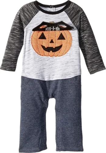 Vista 2 de Mud Pie Conjunto de ropa de juego de una pieza de manga larga de calabaza de Halloween para bebés niños, Gris