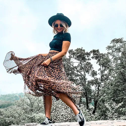 Vista 6 de L'VOW Falda larga elástica con estampado de leopardo para mujer, vestido plisado de cintura alta