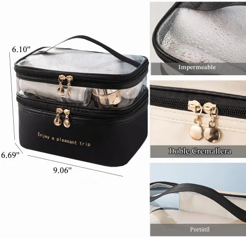 Vista 2 de Bolsa de maquillaje de viaje, impermeable, doble capa, bolsa de cosméticos, bolsa de almacenamiento de gran capacidad para viajar (negro)