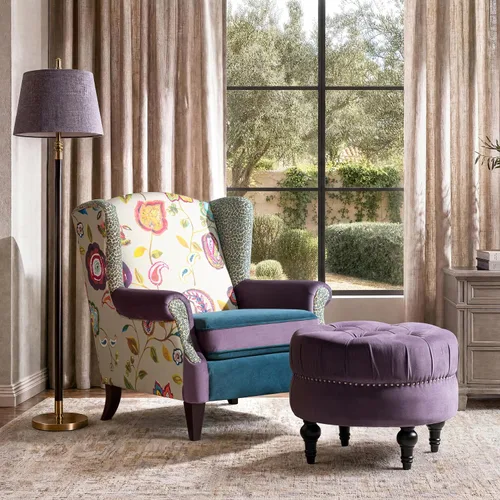Vista 2 de Jennifer Taylor Home Dawn - Detalles de cabeza de clavo otomana redonda copetuda, terciopelo morado