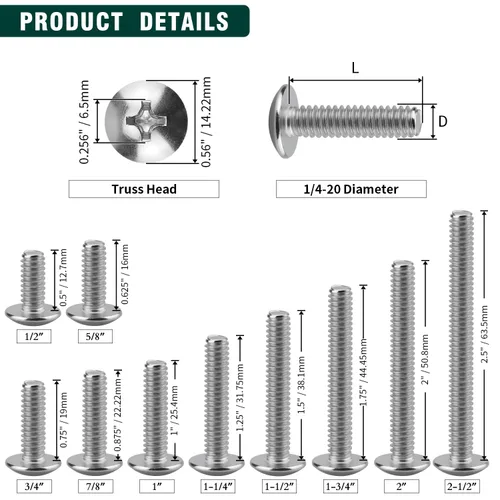 Vista 6 de Tornillos de máquina con cabeza de armadura de 1/4-20 x 1, Phillips Drive, rosca completamente a máquina, acero inoxidable 18-8 304, acabado