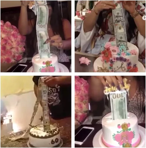 Vista 2 de Kit de extracción de dinero, caja de dinero de cumpleaños con 1 adorno para pastel de cumpleaños y 20 bolsas transparentes conectadas, decoración