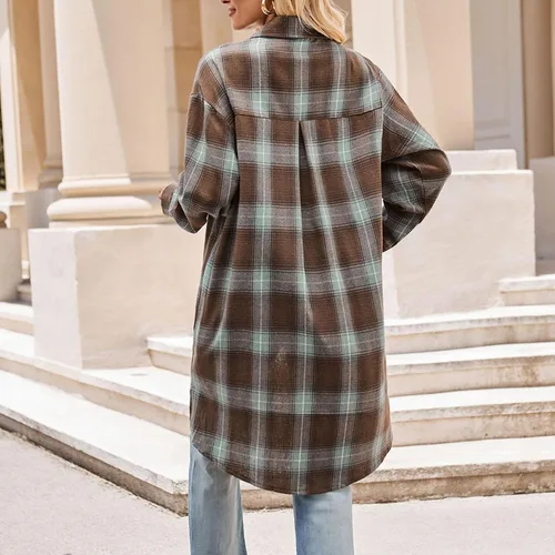 Vista 4 de Women Casual Coat, Polyester Fabric Plaid Long Sleeve Shacket for Outdoor Travel Shopping