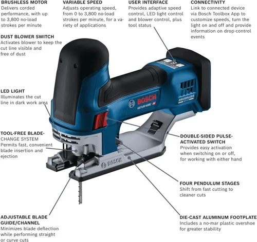 Vista 2 de Bosch GST18V-60BCN 18V Herramienta de sierra caladora sin cepillo con asa de barril conectada, 3,800 SPM, luz LED, cambio de hoja sin herramientas