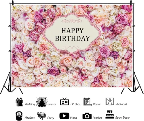 Vista 2 de Yeele Telón de fondo de cumpleaños rosa de 7 x 5 pies con flores rojas y rosas para fotografía de niñas y mujeres, retratos, suministros